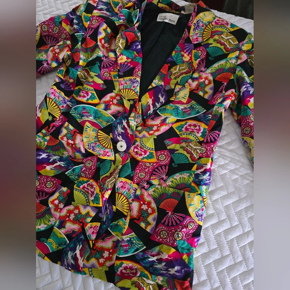 Vintage 100% Silk Dana Buchman Multicolor Fan Pattern Blazer - Picture 10 of 10